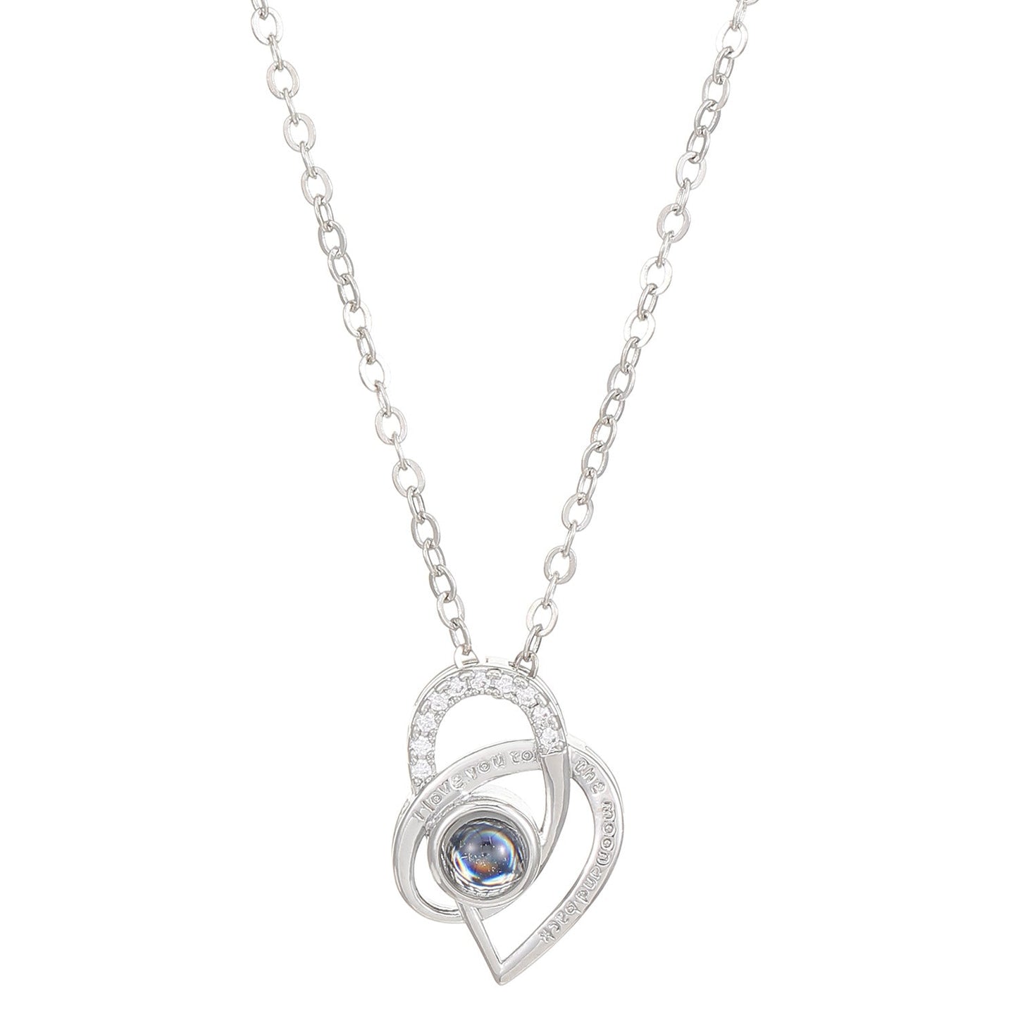 Diamond studded heart-shaped projection necklace in 100 languages. I love you, heart-shaped pendant, couple necklace